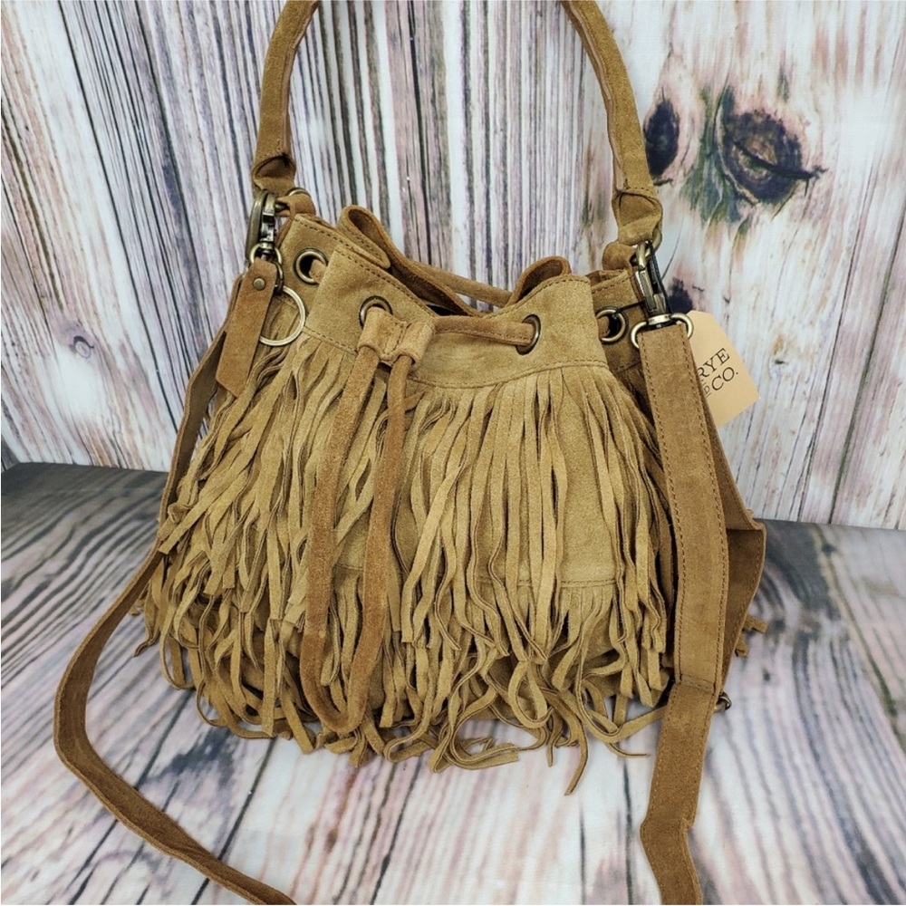 Frye Double Fringe Phoebe Suede Bucket Bag. Textured Tan suede. Western boho EUC - Picture 6 of 13